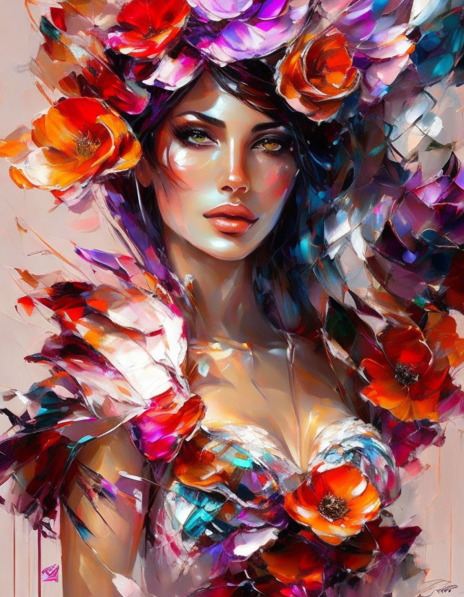 Colorful Floral Accents Adorn Woman in Vibrant Painting