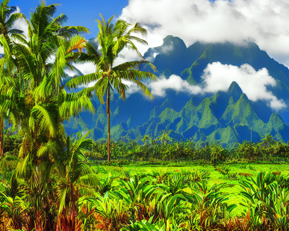 Tropical landscape with lush greenery, palm trees, and mountain peaks under blue sky