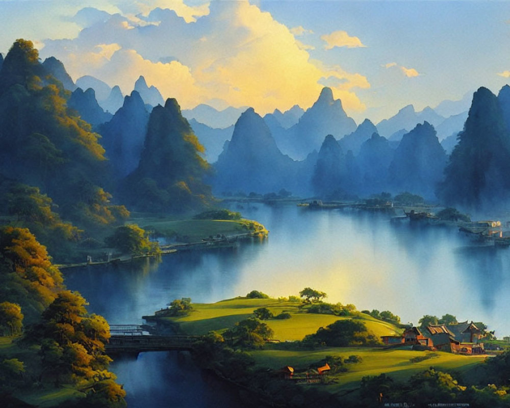 Tranquil river flowing through lush valley with towering peaks