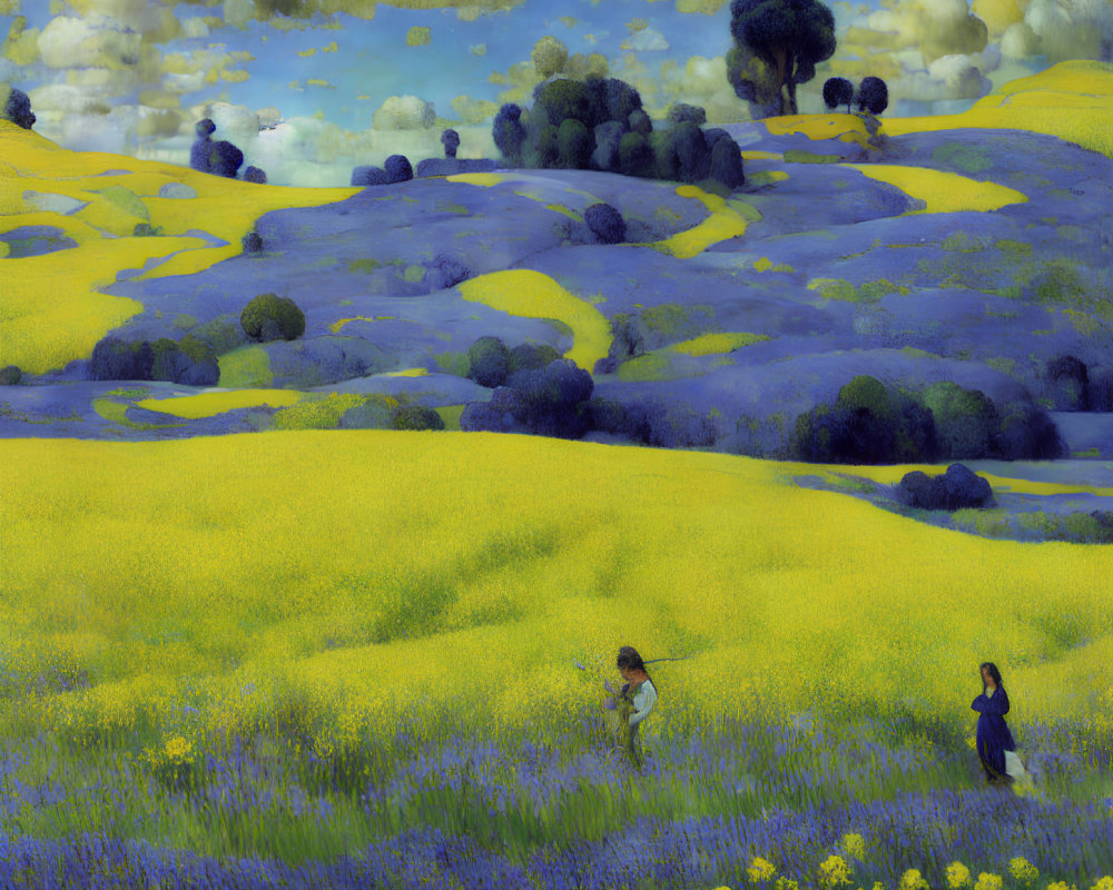 Colorful painting of yellow flower field under blue sky with figures