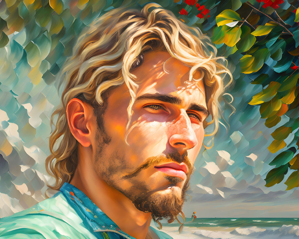 Vibrant stylized portrait of a man with blond hair and light beard on sunny beach backdrop