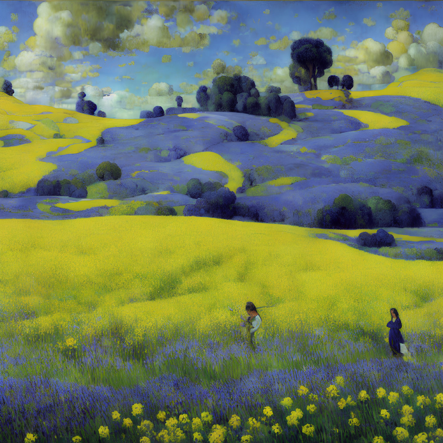 Colorful painting of yellow flower field under blue sky with figures