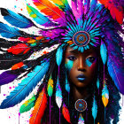Colorful Woman Portrait with Feather Headdress on Paint Splatter Background