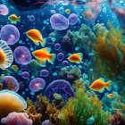 Pink Jellyfish Swimming in Vibrant Underwater Scene