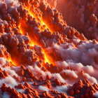 Violent volcano eruption with red and orange lava flows and ash clouds