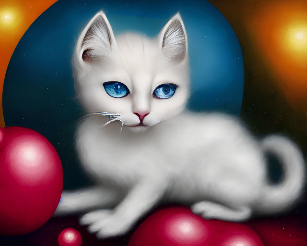 White Kitten with Blue Eyes Surrounded by Red and Bright Colored Orbs