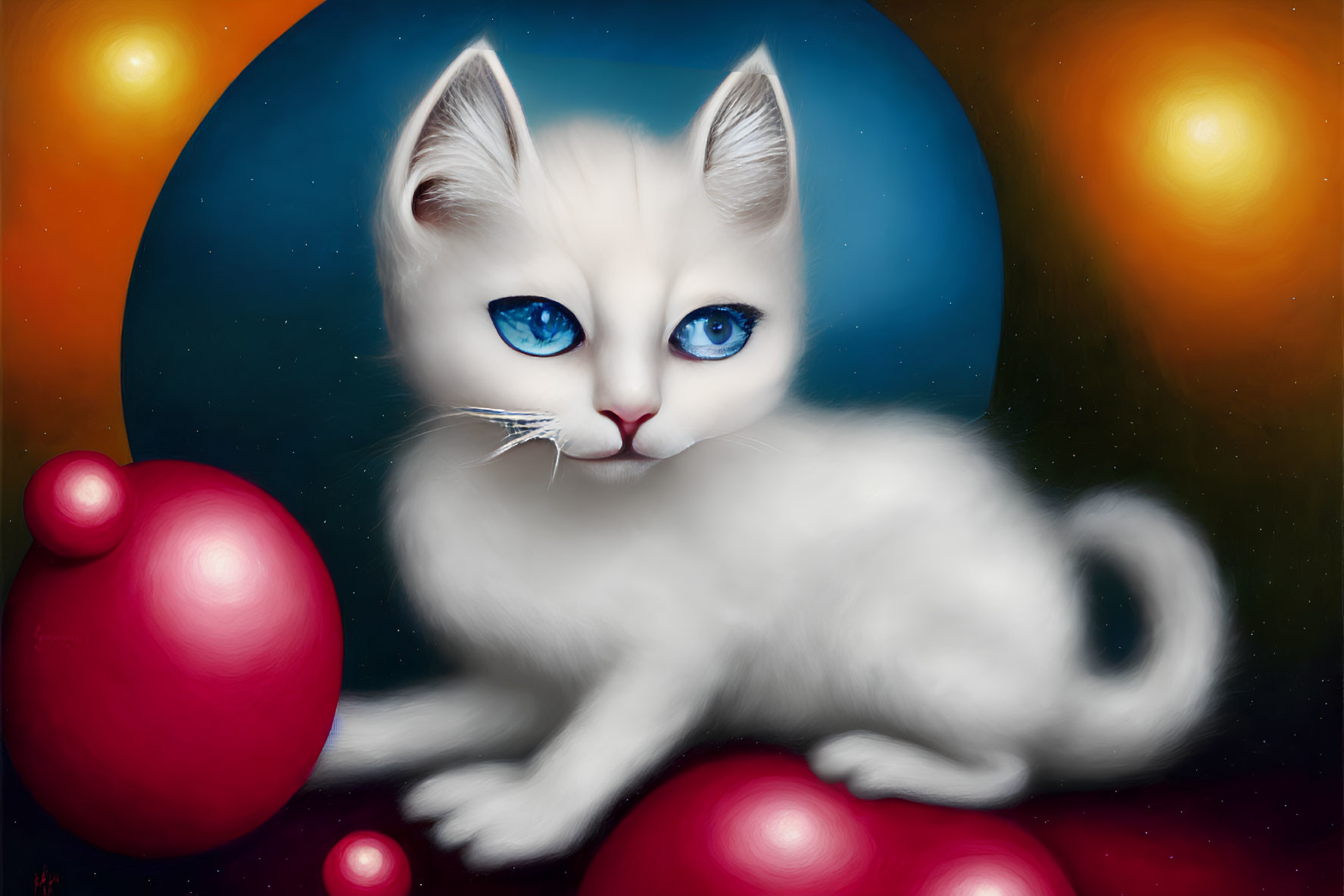 White Kitten with Blue Eyes Surrounded by Red and Bright Colored Orbs