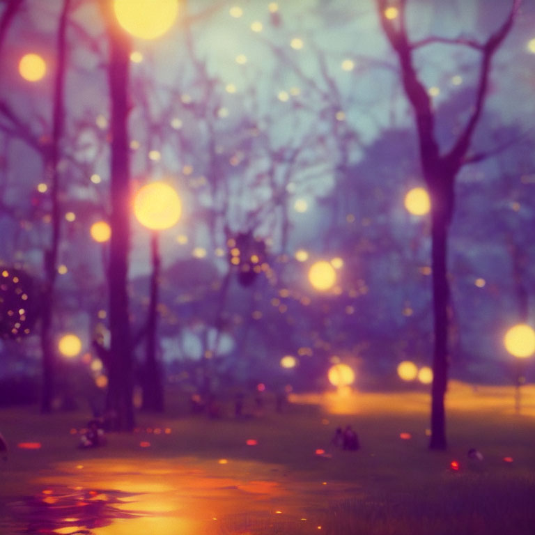 Twilight scene with glowing orbs, silhouetted trees, reflections, and scattered lights