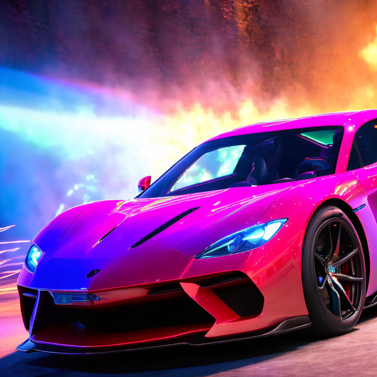 Sleek Red Sports Car with Colorful Smoke and Lighting