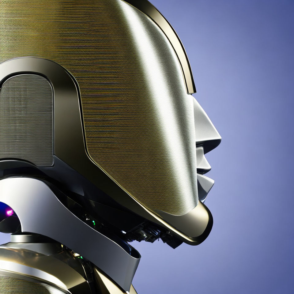 Futuristic golden robot head with human-like features on blue gradient background