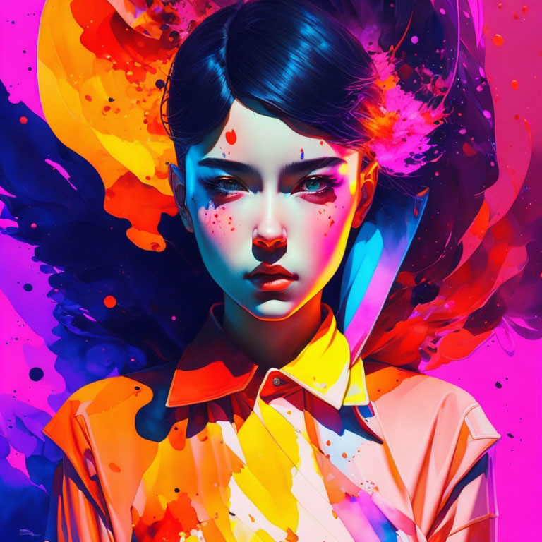 Colorful Abstract Background Enhances Woman's Intense Gaze