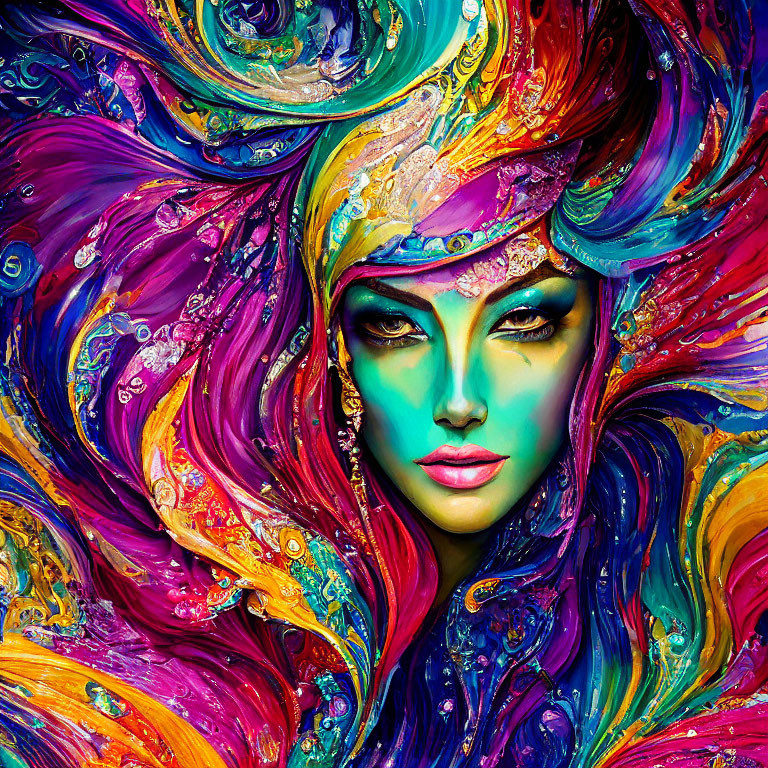Colorful Abstract Art: Mystical Feminine Figure with Elaborate Headdress