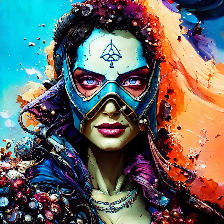 Colorful portrait of a woman with purple hair in futuristic attire surrounded by vibrant paint textures