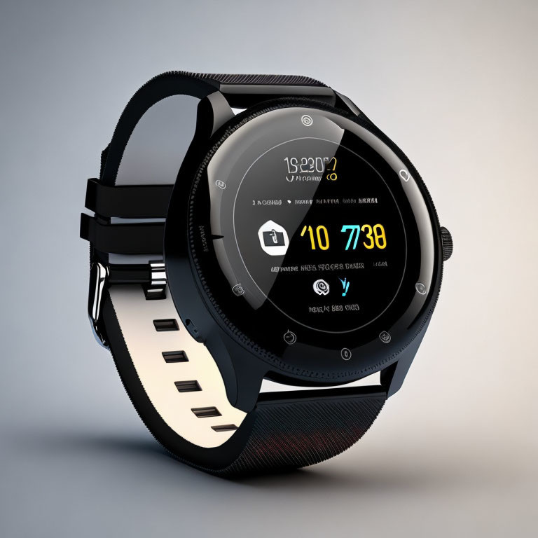 Black Strap Modern Smartwatch Displays Time, Date, Fitness Metrics