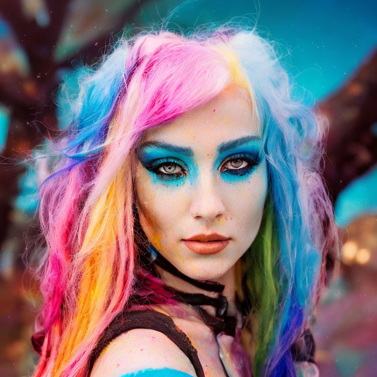Vibrant rainbow hair and bold blue eyeshadow portrait with colorful bokeh.
