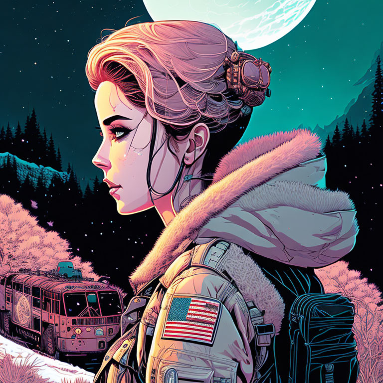Illustration of woman with intricate hair and attire, snowy mountains, old bus.