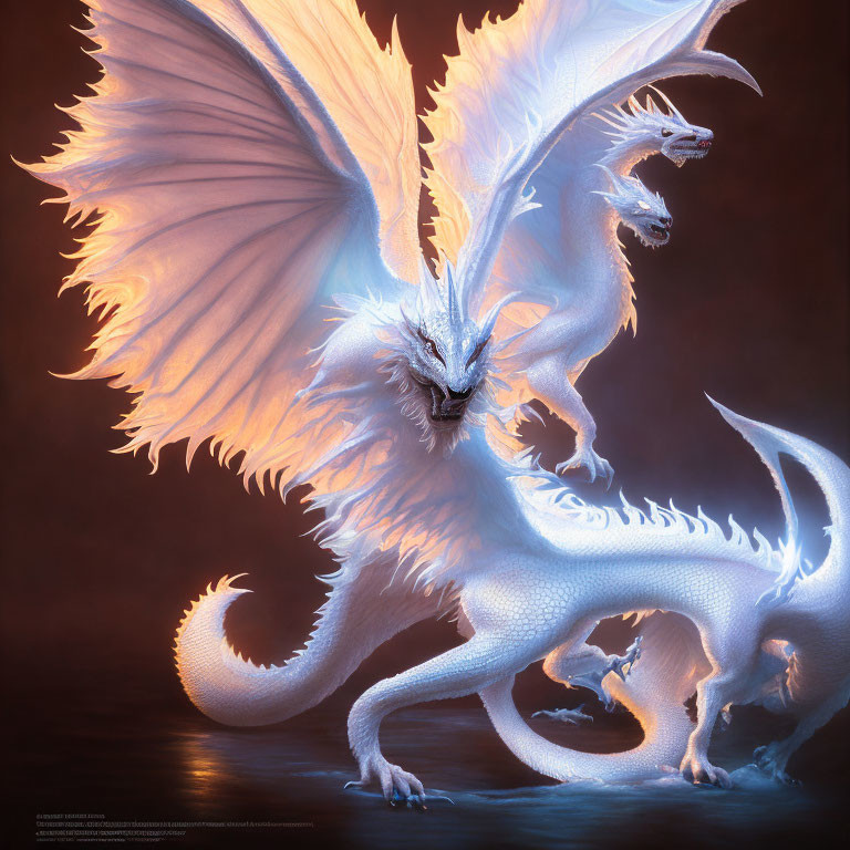 Majestic two-headed white dragon with glowing eyes on dark backdrop