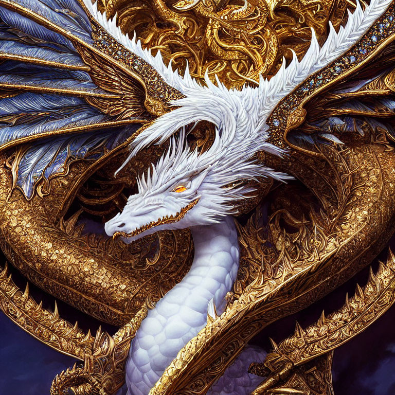 Detailed white and blue dragon with gold accents on dark background