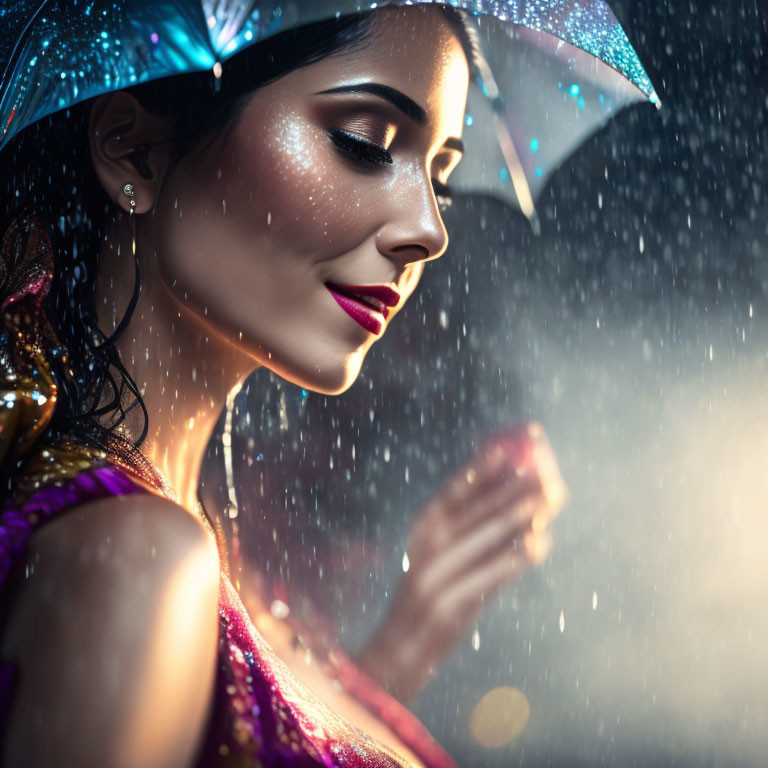 Woman smiling with umbrella in raindrops under beam of light