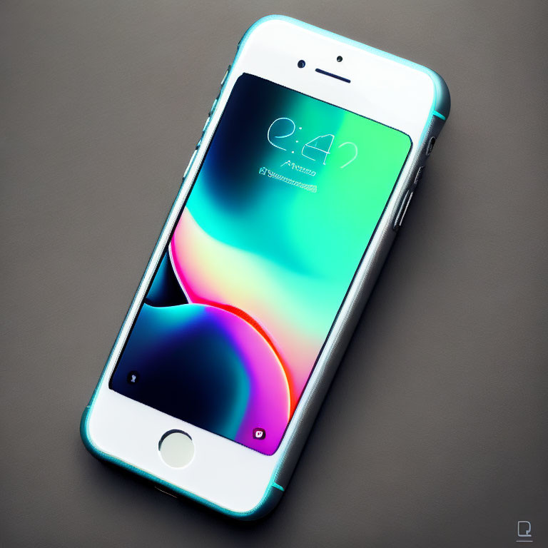 Turquoise smartphone with colorful wallpaper and 9:42 time display on gray background