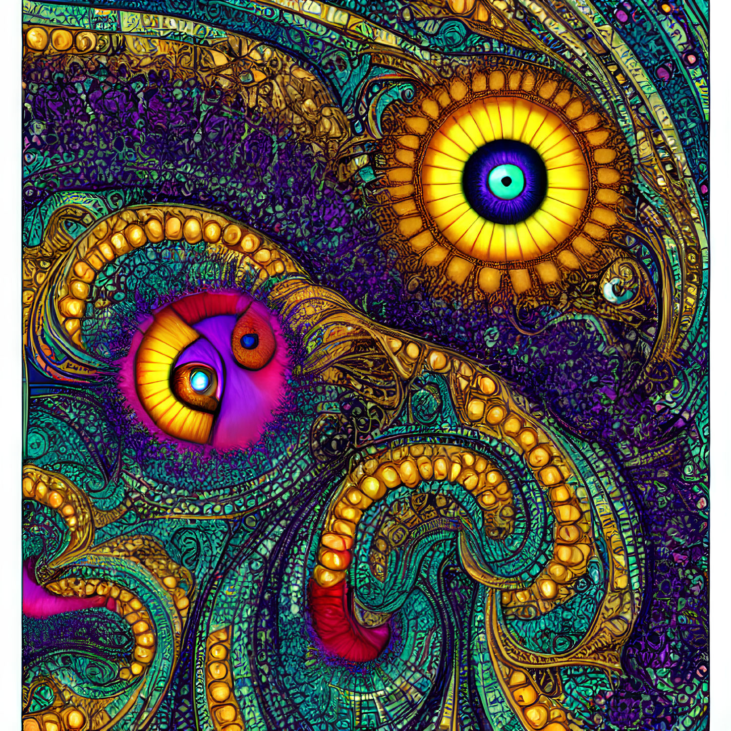 Colorful Psychedelic Artwork with Stylized Eyes and Paisley Motifs