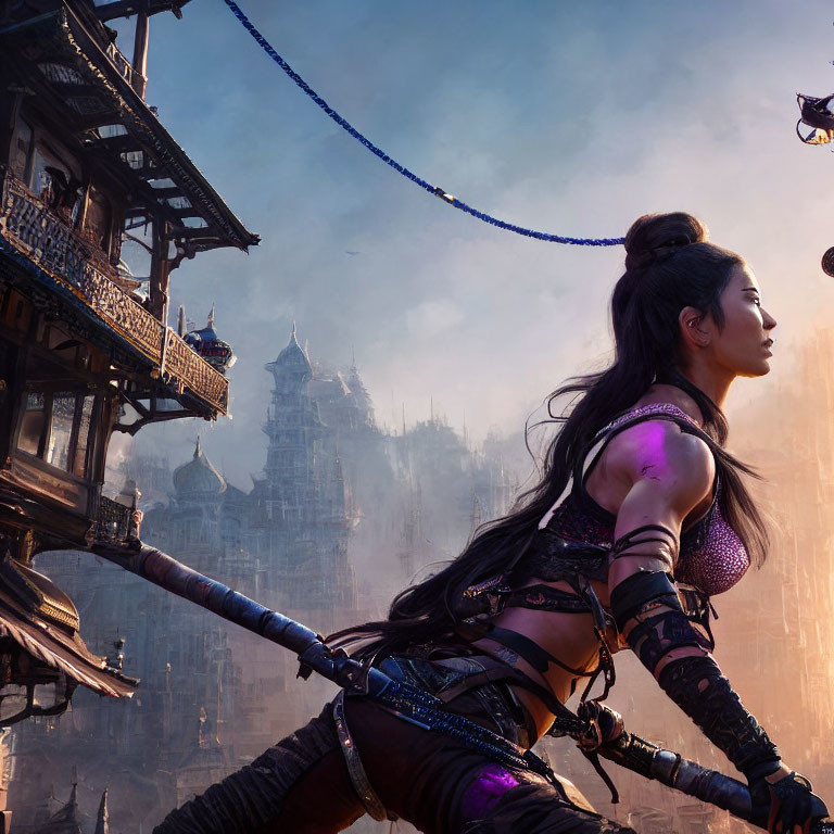 Fantasy warrior woman overlooking mystical ancient cityscape