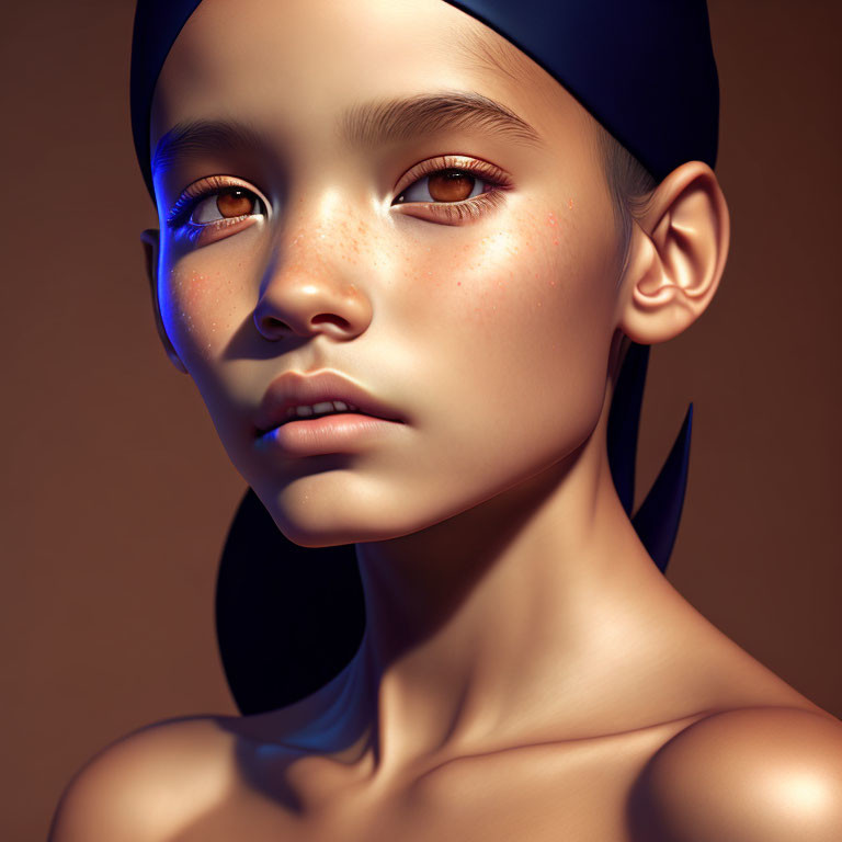 Realistic digital portrait of young girl with blue eyes, freckles, and headscarf
