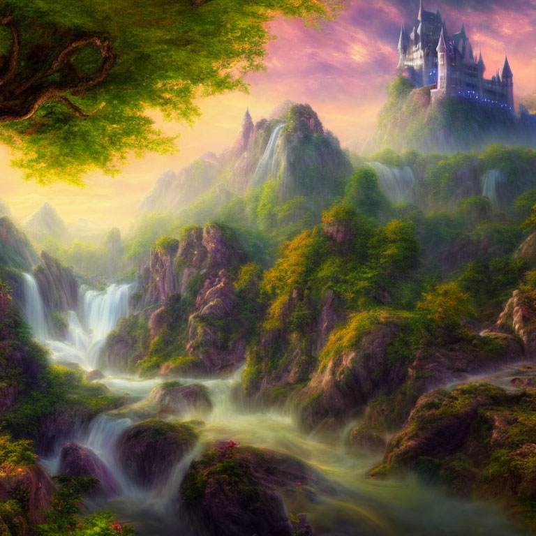Fantasy landscape with castle, waterfalls, lush greenery, pink foliage under warm sky