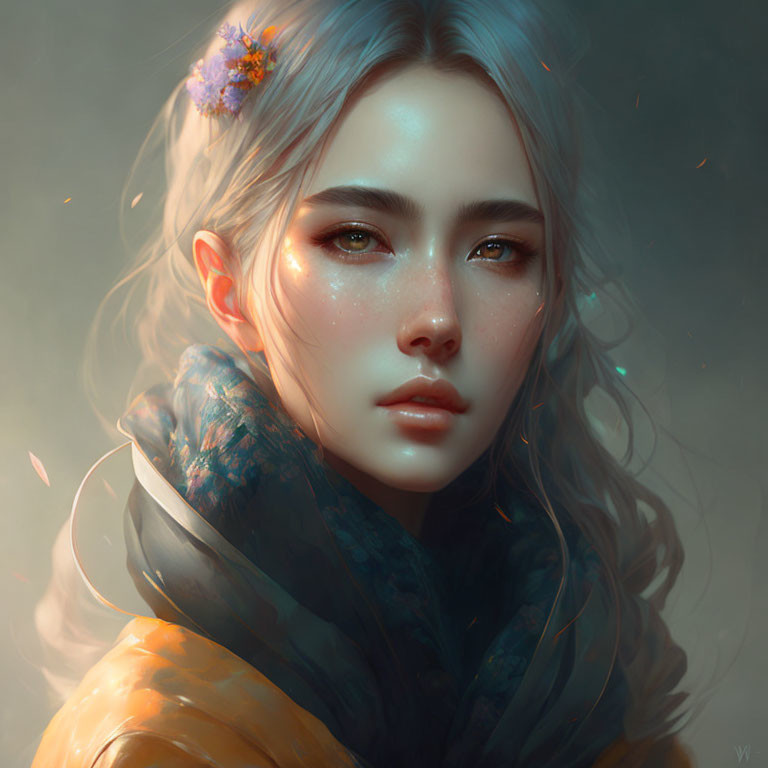 Portrait of Woman with Freckles, Ethereal Glow, Flowers in Hair & Warm Scarf