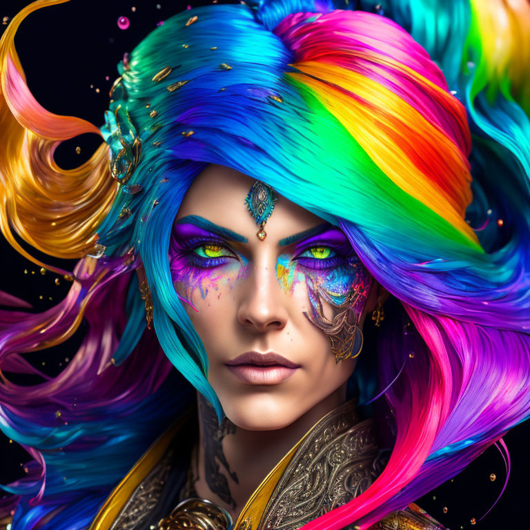 Vibrant rainbow hairstyle on woman with ornate makeup and jewelry