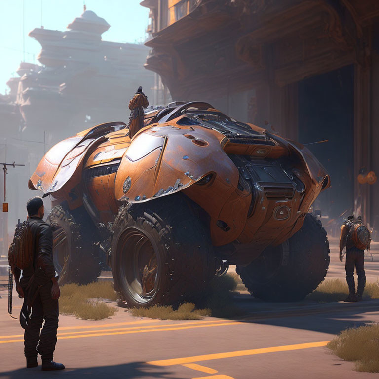 Sci-fi armored vehicle with large wheels in futuristic city setting.