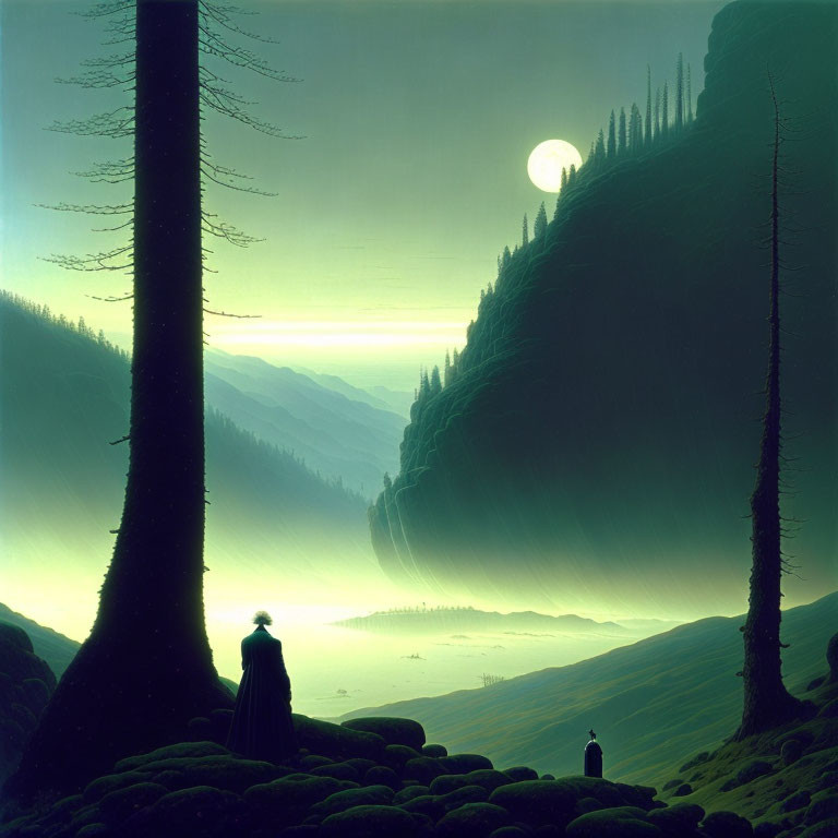 Cloaked figure and dog in lush forest under twilight sky with rising moon