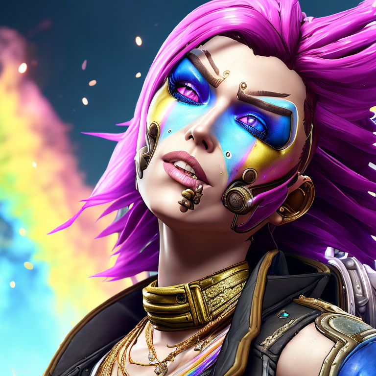 Colorful digital portrait of female character with purple hair and face paint, gold accessories, and headphones in