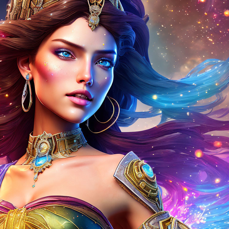 Vibrant digital artwork: Fantasy woman with purple hair and cosmic background