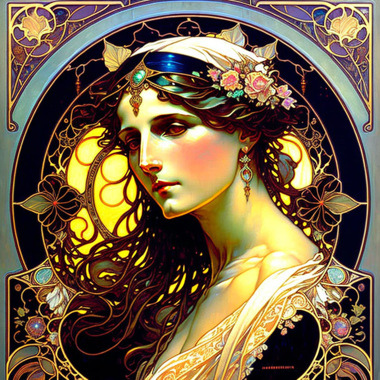 Art Nouveau Woman Illustration with Ornate Jewelry & Floral Frame