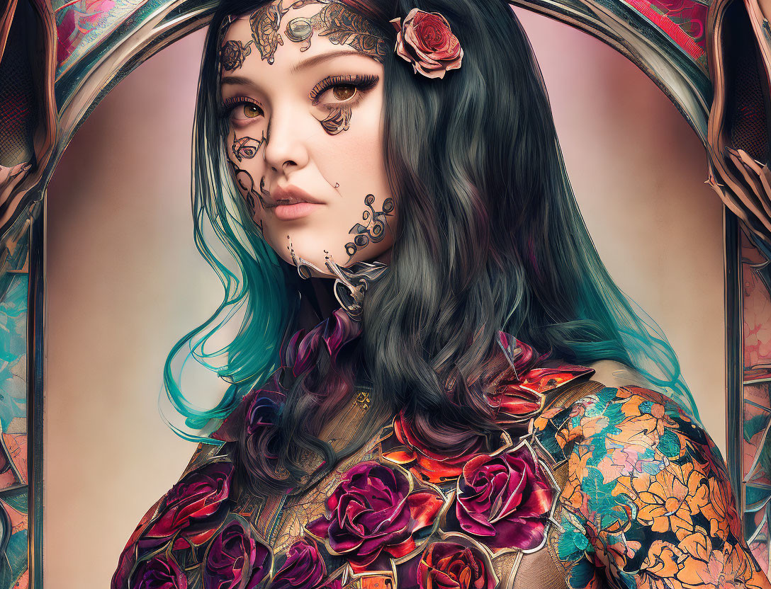 Digital artwork: Woman with floral tattoos, rose hair accessories, and flower-patterned armor