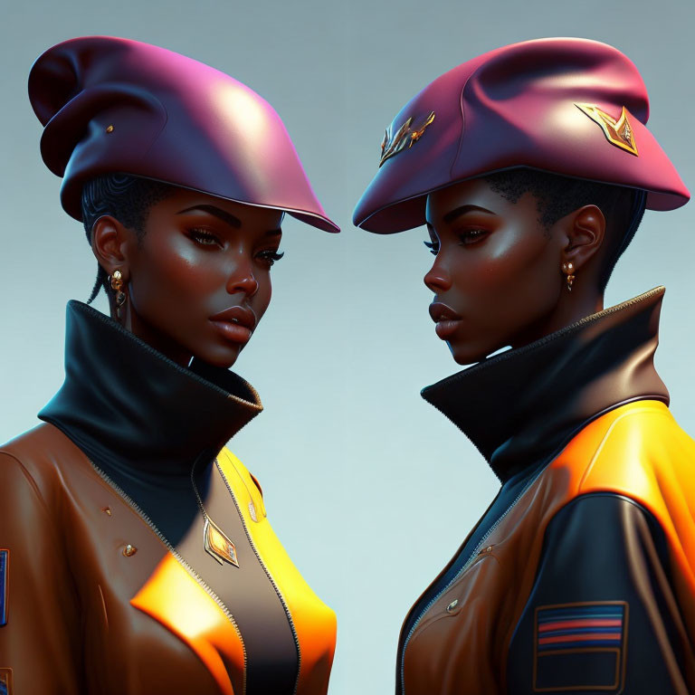 Stylized animated women in futuristic military uniforms & berets