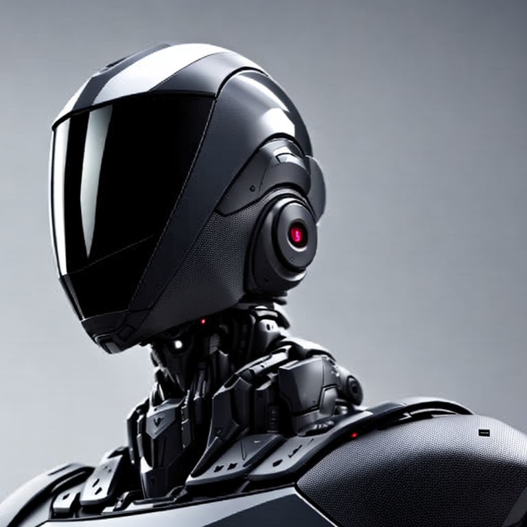 Modern Black Robot Head with Red Eye on Gray Background