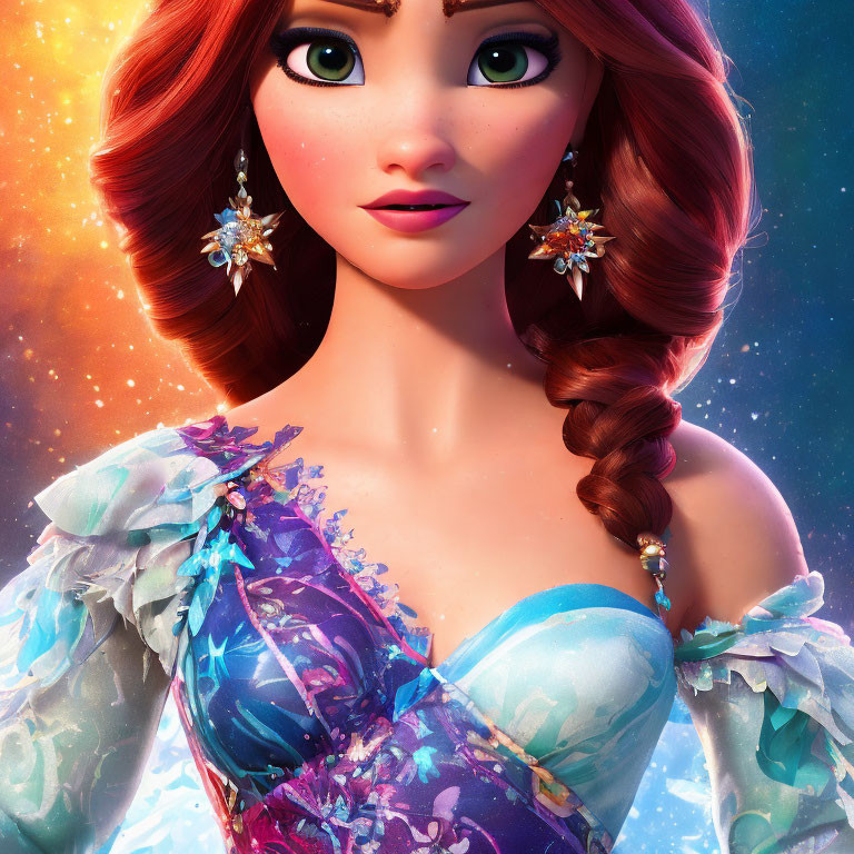 Red-haired animated woman in sparkly blue and purple dress with floral accessories