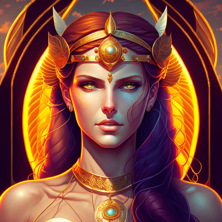 Fantasy Artwork: Woman with Pointed Ears & Golden Crown in Fiery Halo Setting