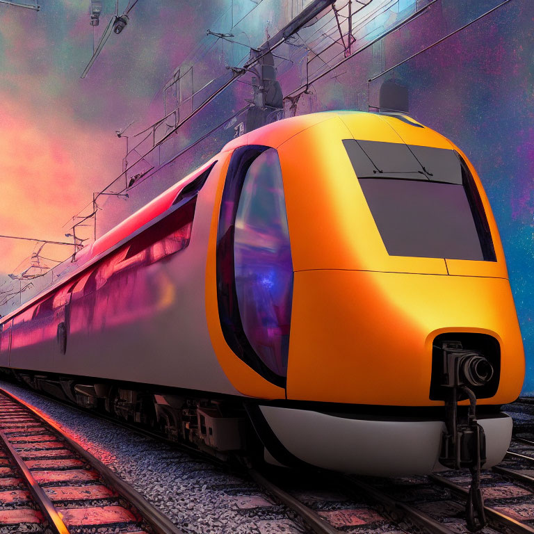 Streamlined orange and white futuristic train on railway track under vibrant purple sky
