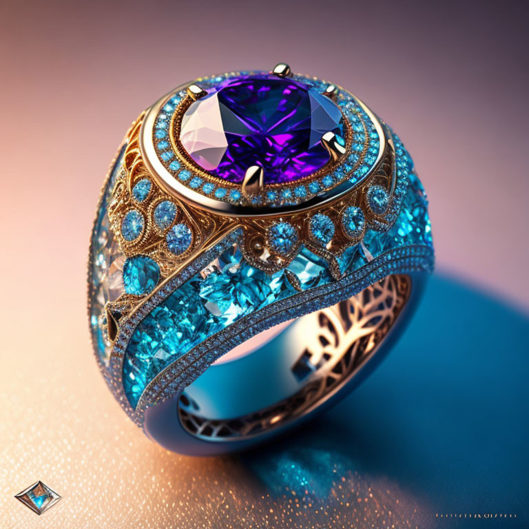 Ornate Ring with Large Purple Gemstone and Diamonds on Filigree Gold Band