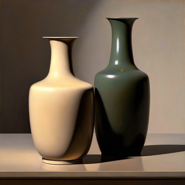 Sleek cream and dark green ceramic vases with narrow necks