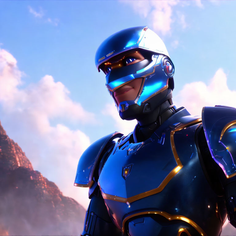 Futuristic soldier in blue armor with sleek helmet in mountain landscape