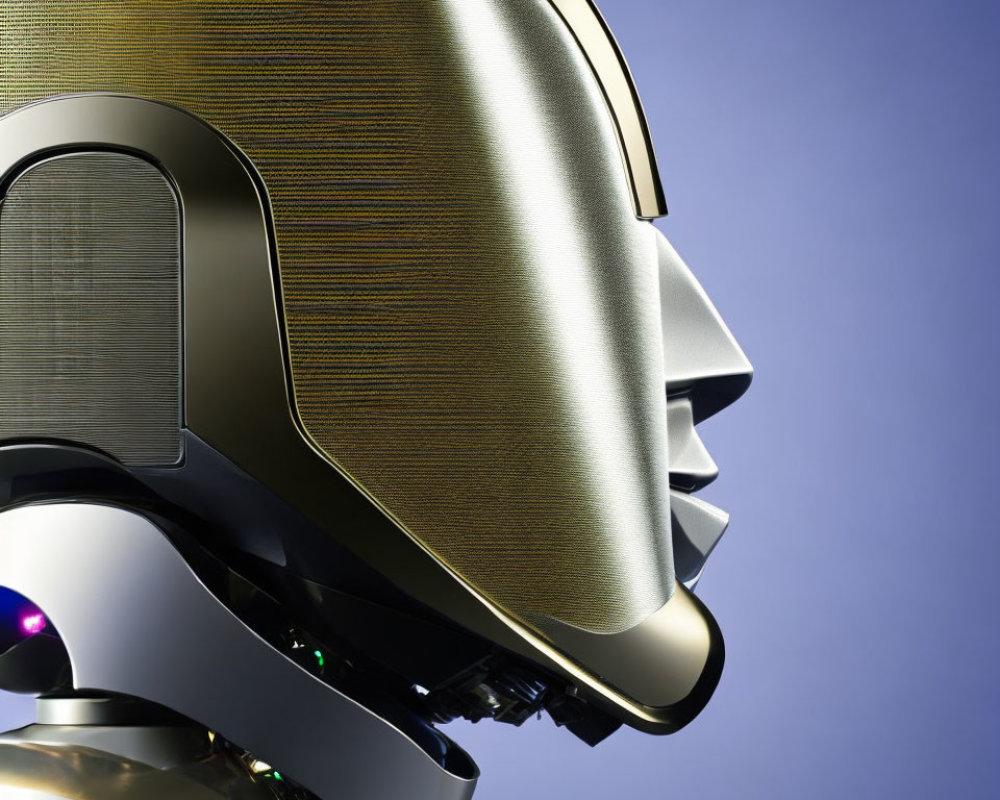 Futuristic golden robot head with human-like features on blue gradient background