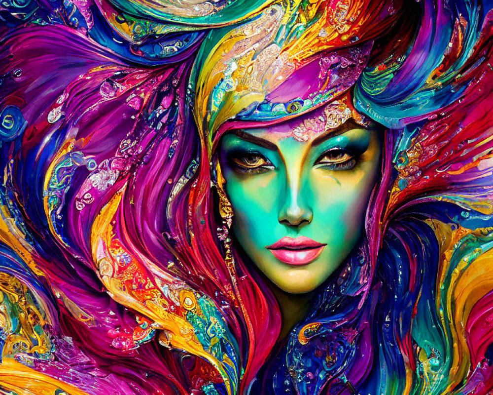 Colorful Abstract Art: Mystical Feminine Figure with Elaborate Headdress