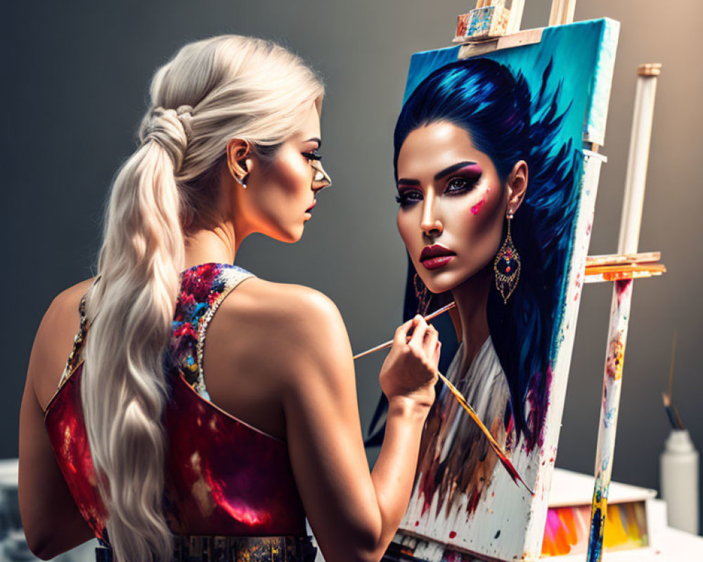 Artist painting colorful portrait of woman with braid on gray background