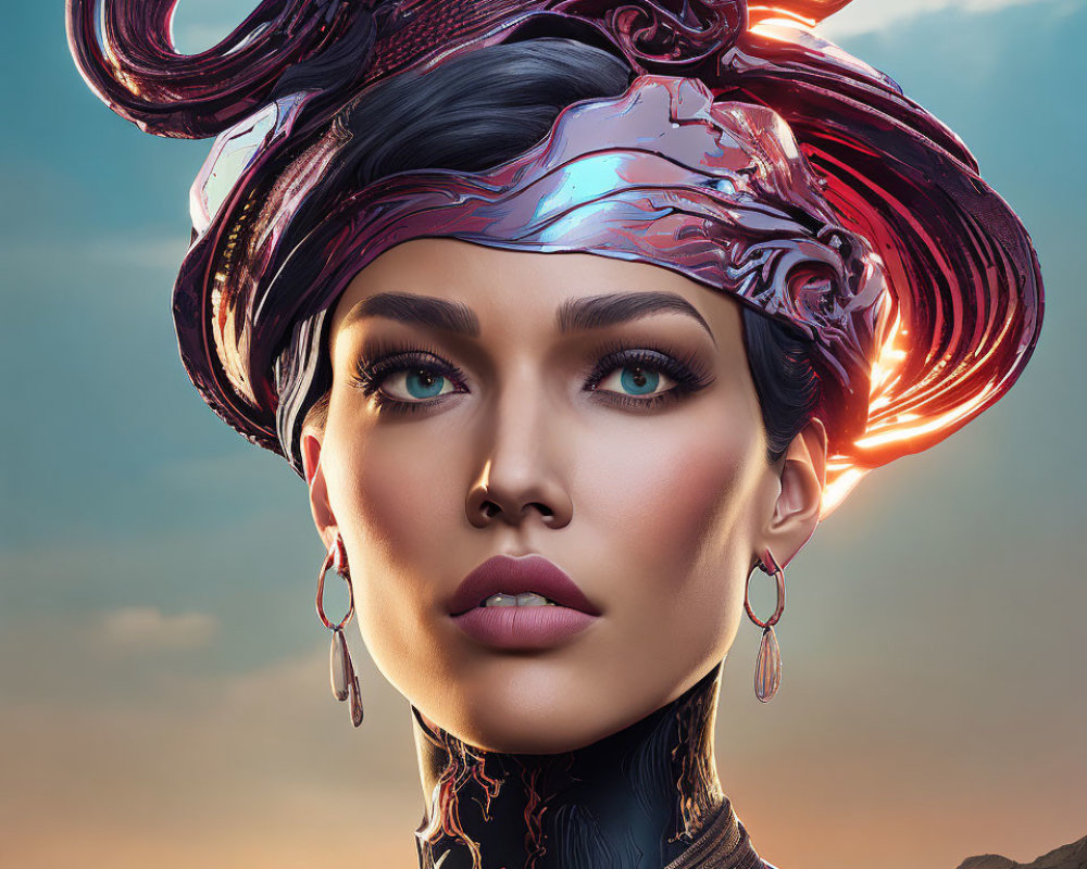 Digital artwork: Woman with flowing metallic headdress against cloudy sky
