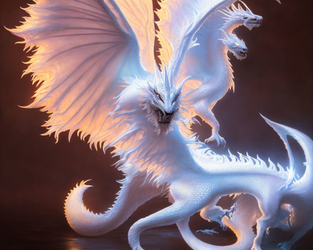 Majestic two-headed white dragon with glowing eyes on dark backdrop