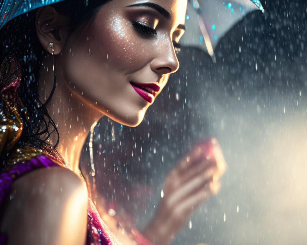 Woman smiling with umbrella in raindrops under beam of light